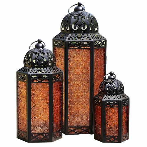 Vela Lanterns Moroccan Candle Lanterns, Amber, Set of 3