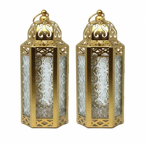 Vela Lanterns Moroccan Candle Holders, Gold, Medium, 2-Pack