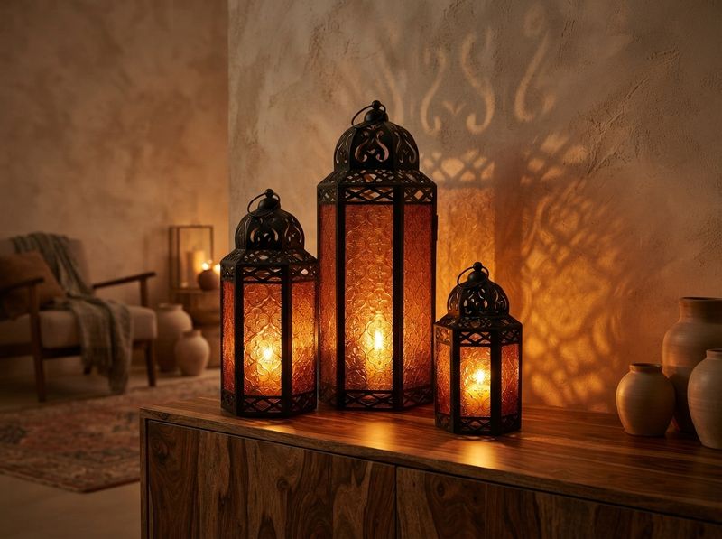 Vela Lanterns Moroccan Candle Lanterns, Amber, Set of 3