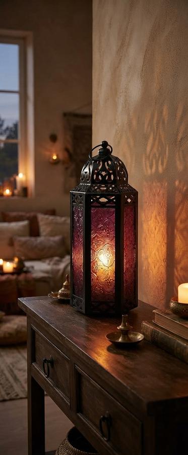 Purple glass Moroccan lantern glowing on a mantel