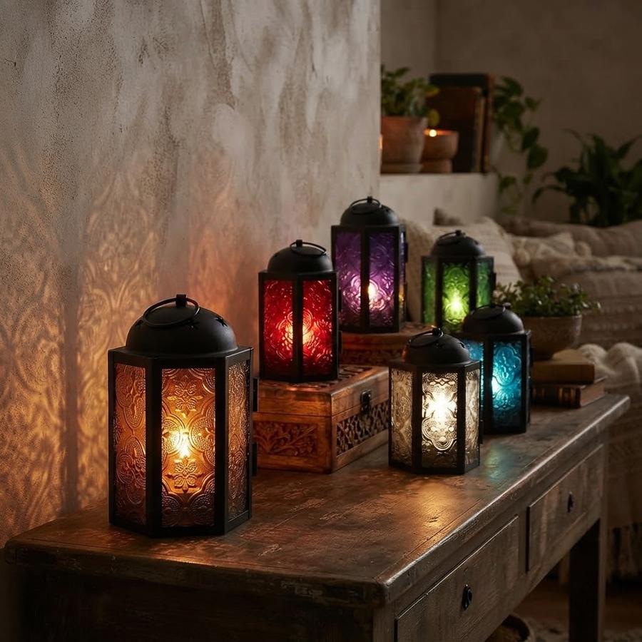 Mini Moroccan tealight lanterns lit on a table