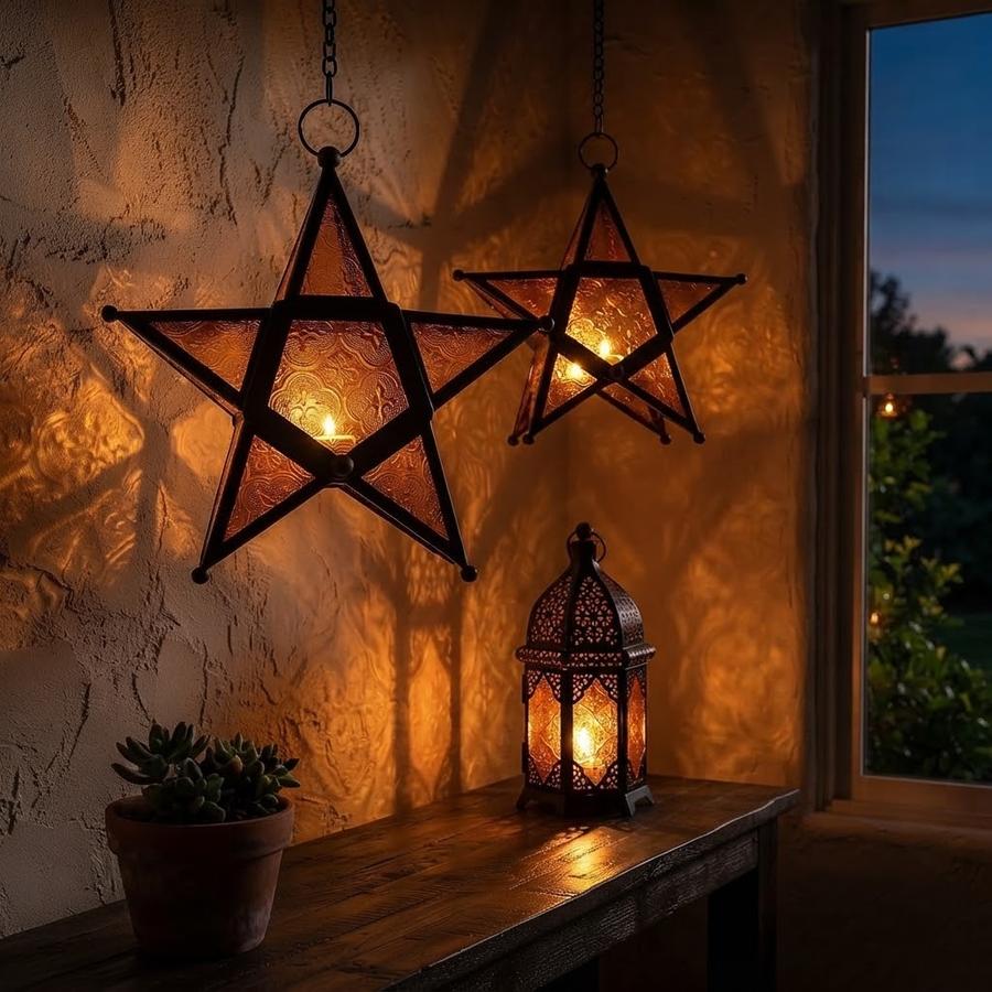 Hanging star lanterns with amber glass in a window