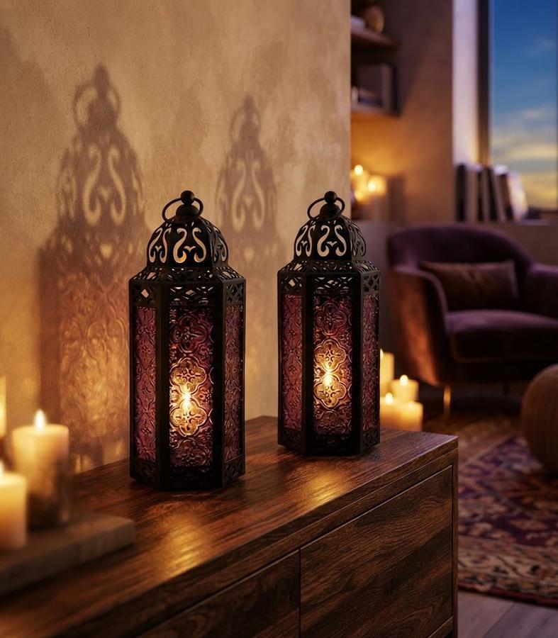 Gothic purple lanterns lit beside a dark wall