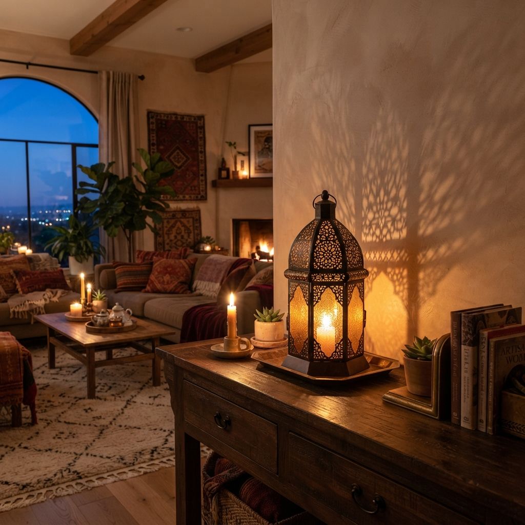 Vela Lanterns Moroccan lantern lit on a wooden console, latticework shadows on the wall